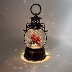 Cardinal Lantern Lighted Motion Glitter Christmas Snow Globe Birds‎ Bronze Look